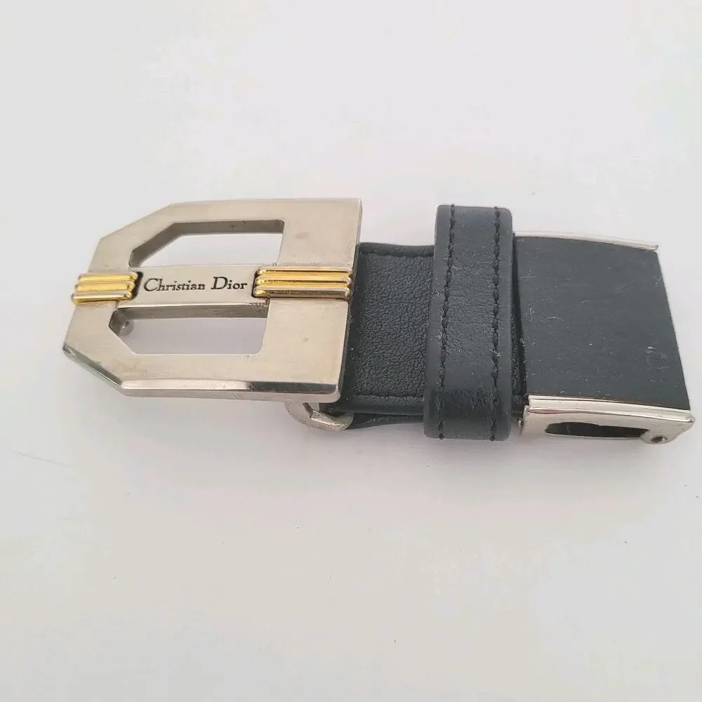 Christian Dior Silver Black Leather Metal Belt Buckle Replacement Slim Vintage‎